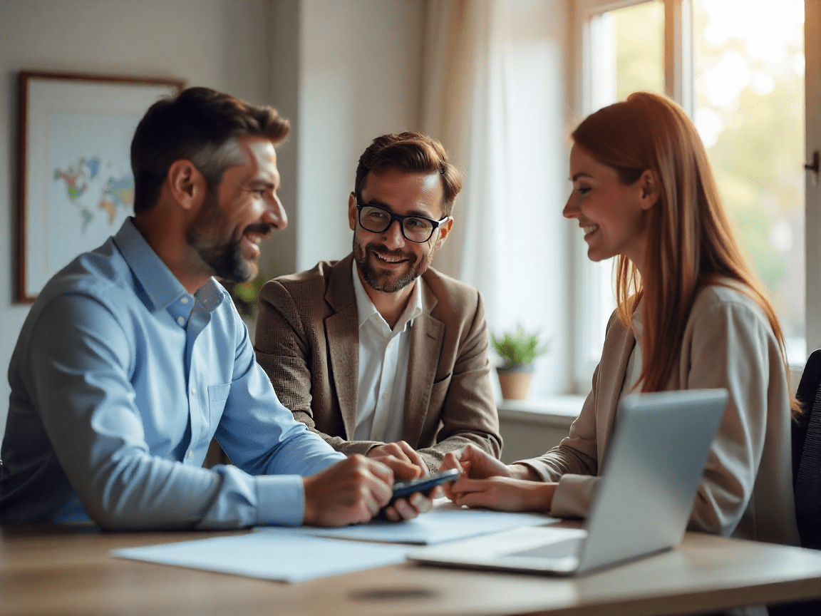 Professional mortgage advisor reviewing paperwork with clients
