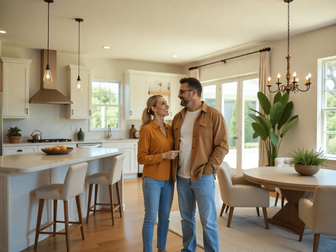 Stylish Latino couple visiting a staged Californian-style house