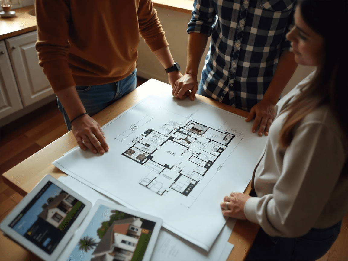 Latino couple reviewing home blueprint and budget