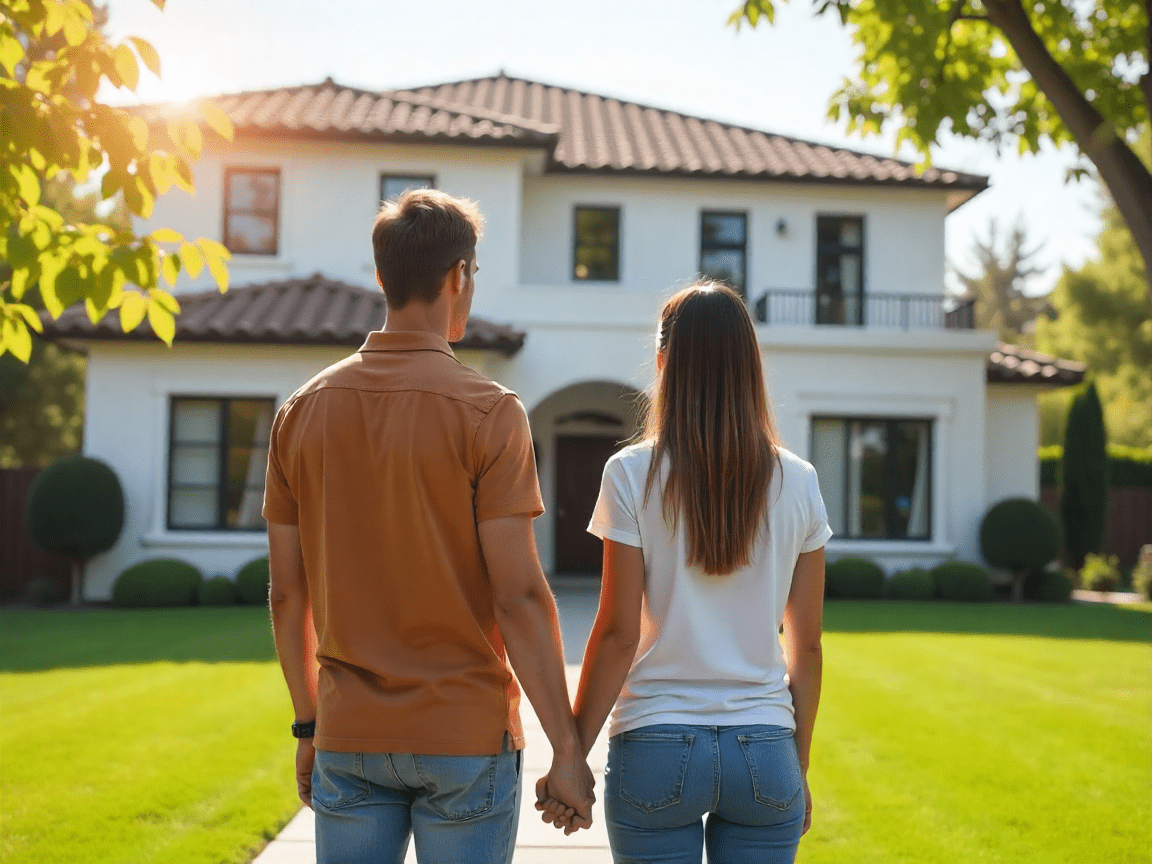 Young couple looking at a beautiful Californian style house