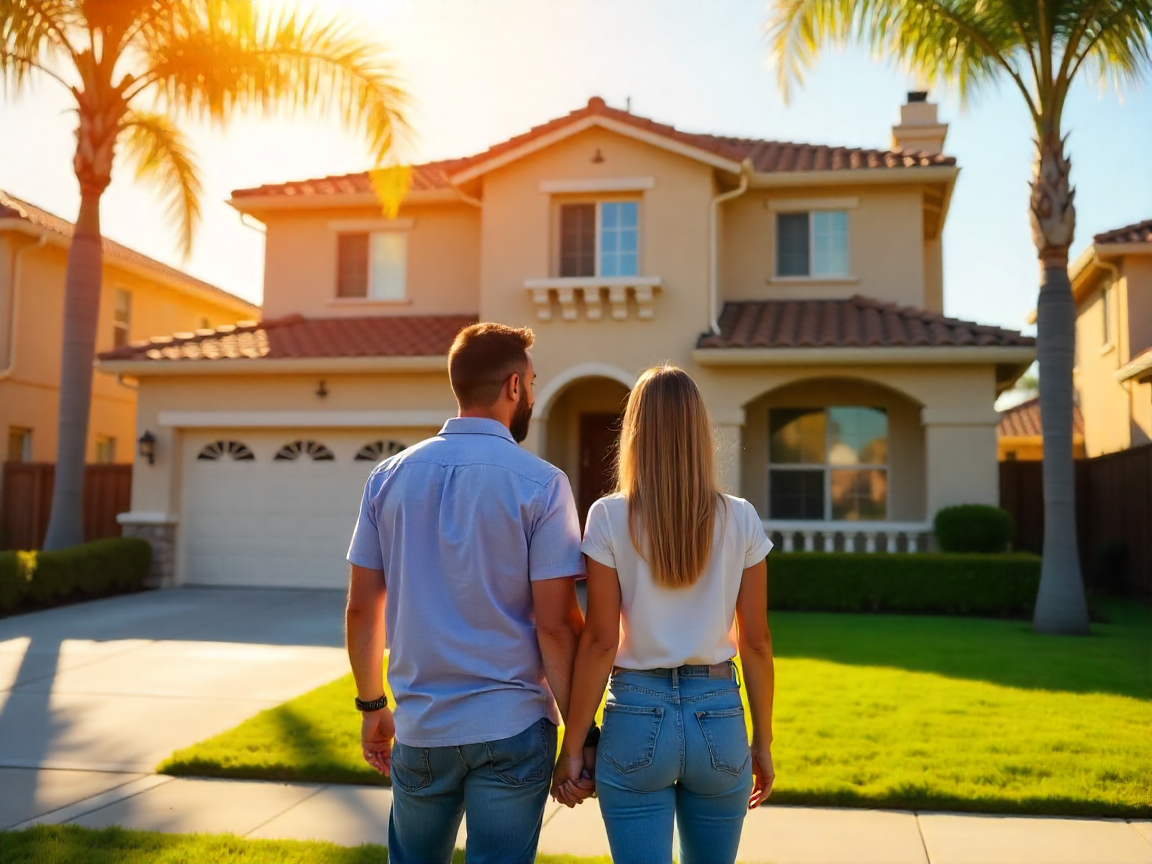 Beautiful California style house for sale with two people admiring