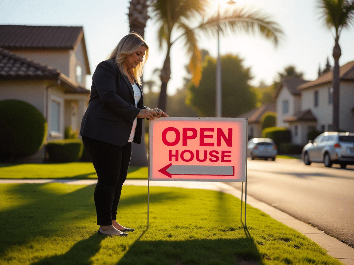 Real estate agent placing directional Open House signage