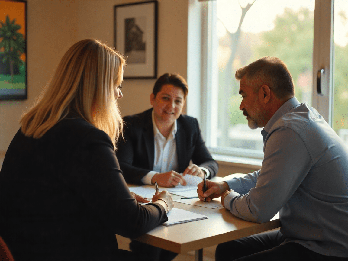 Real estate agent reviewing documents with clients