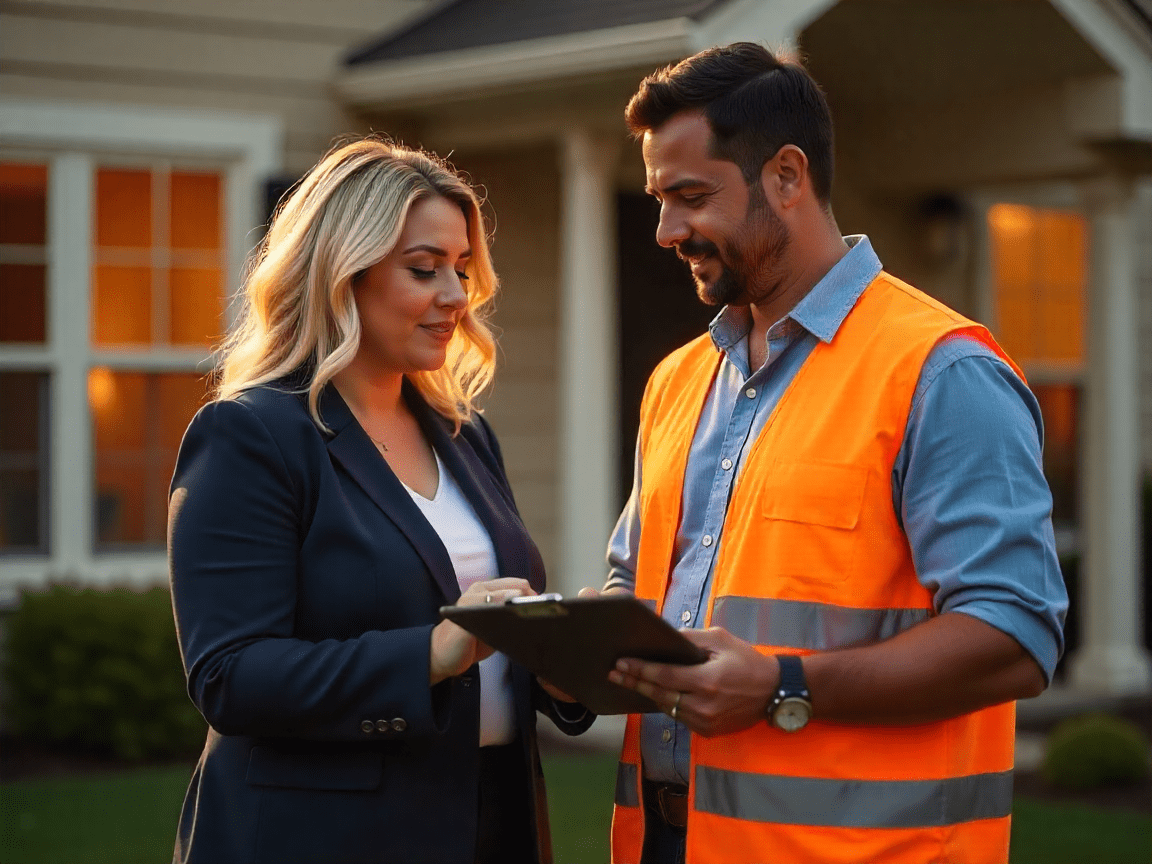 Female real estate agent standing next to male home inspector