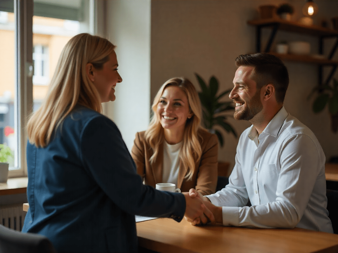 Real estate agent shaking hands and having coffee with a happy couple in a cozy cafe